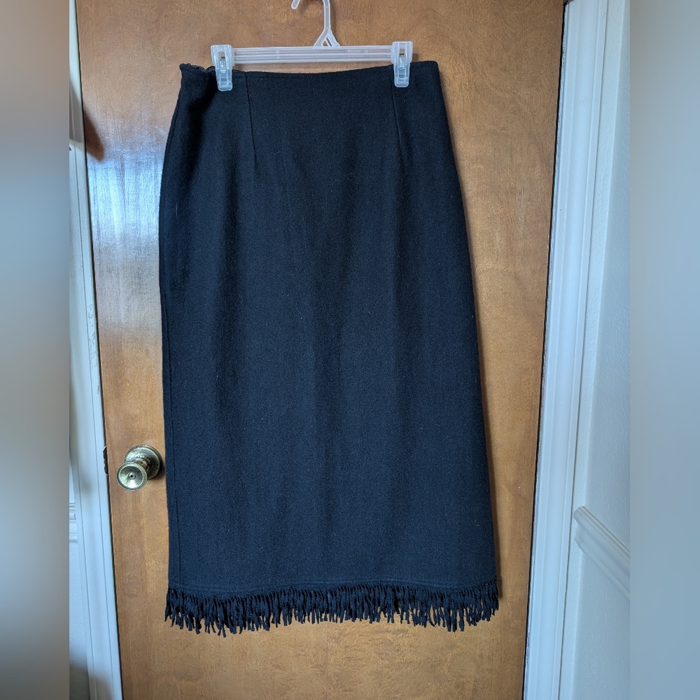 Vintage Southwest Canyon Black Wool Blend Fringe Hem Maxi Western Rodeo Skirt